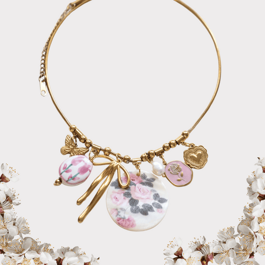 Floral Charm Necklace with Bow & Pearl Accents