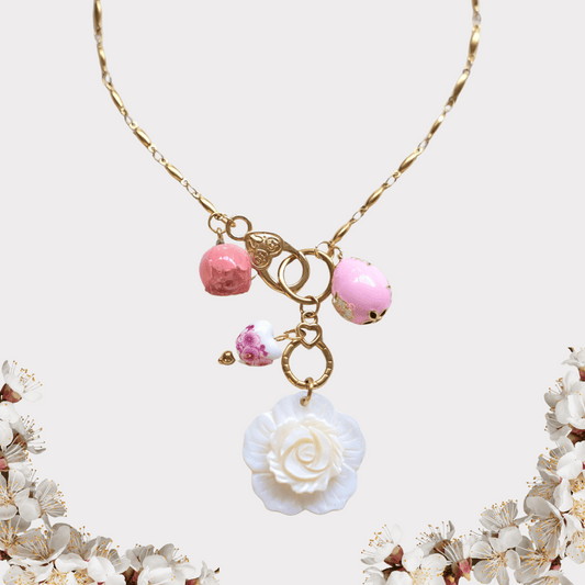 Pink Rose Charm Necklace - Gold Chain with Floral Accents"