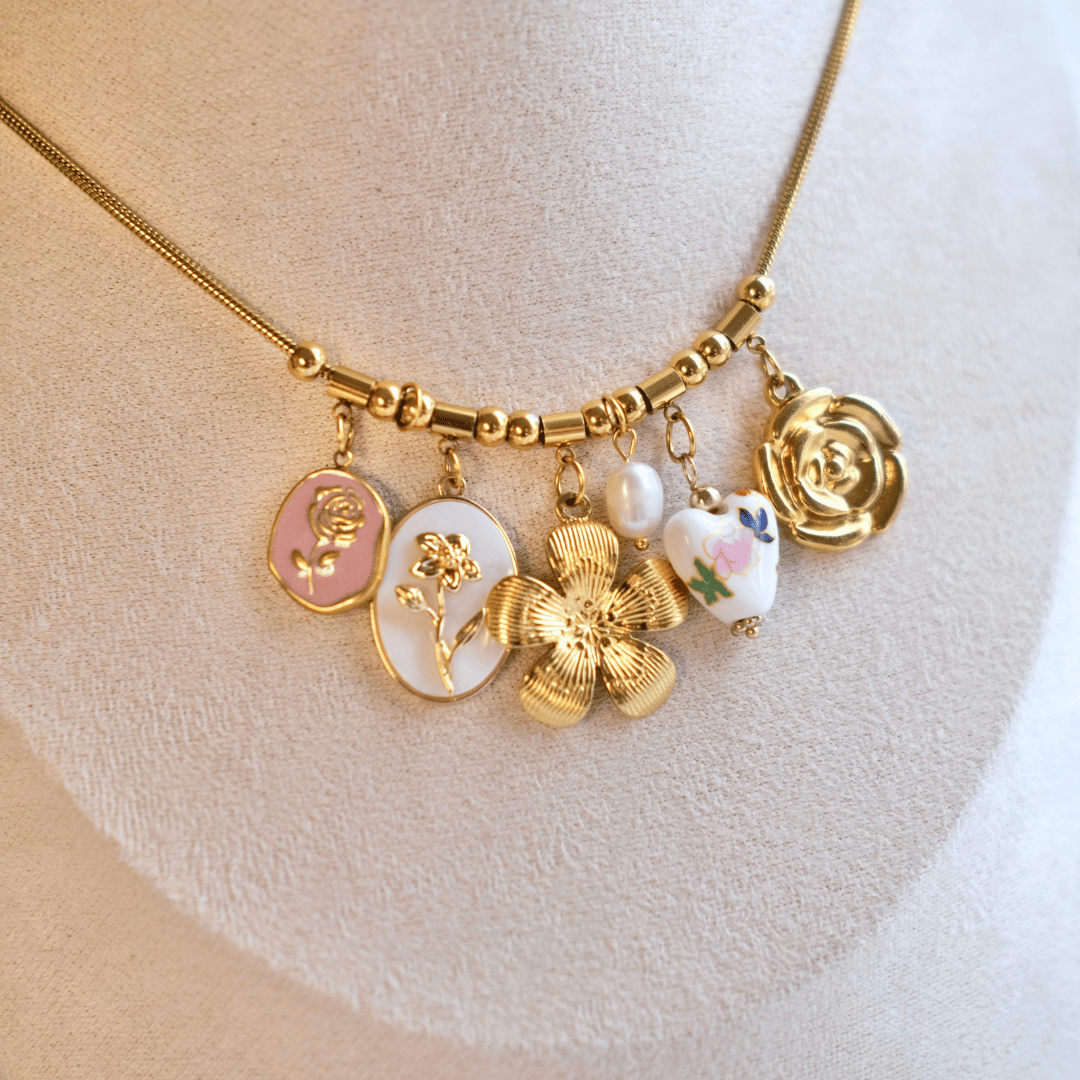 birth flower and Pink heart china vintage charmsnecklace-customization