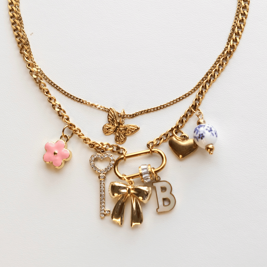 Bow Pink Flower Oval Clasp two layer  Chain-customization