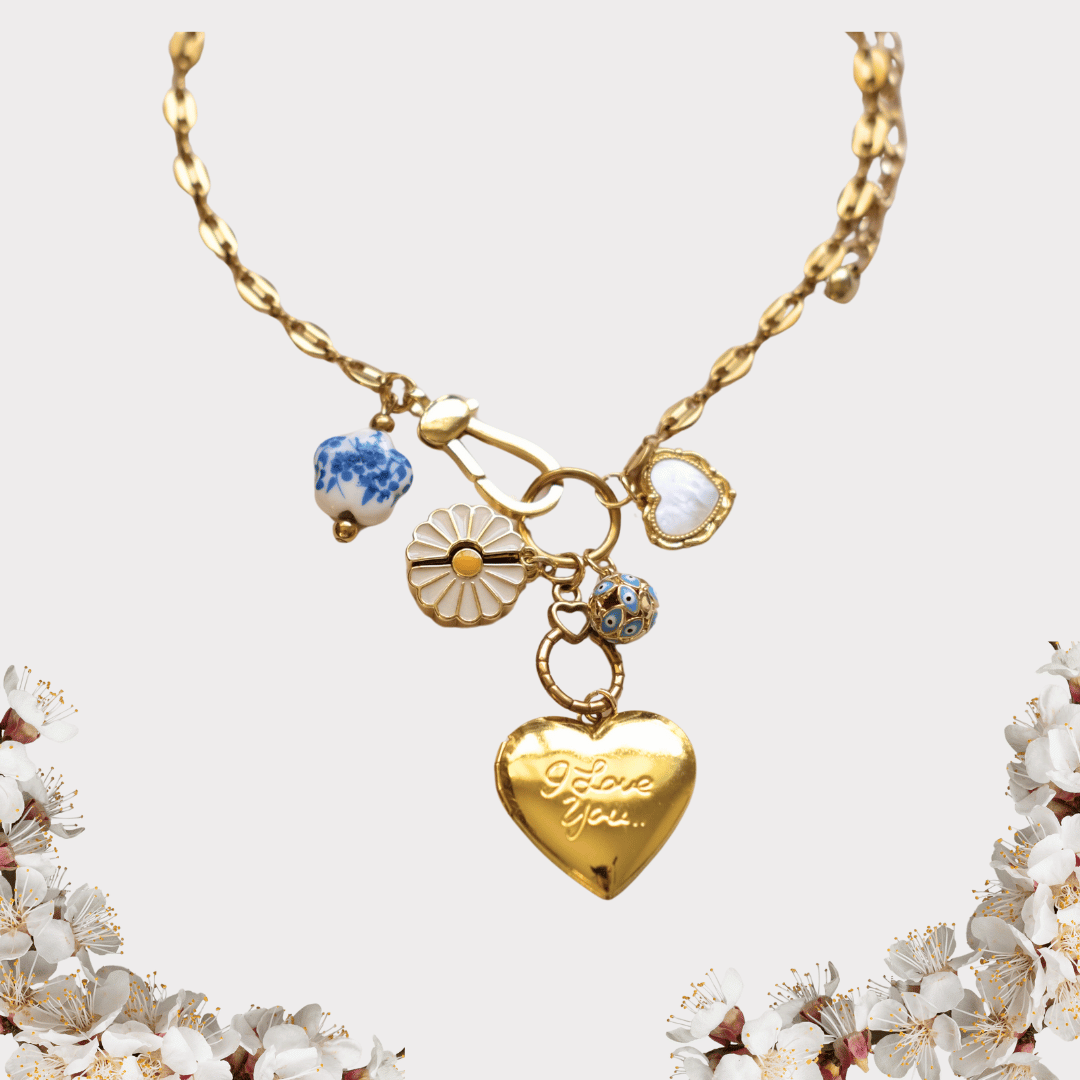 Love Heart Charm Necklace - Gold Chain with Daisy & Floral Accents