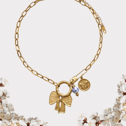 Gold Bow Charm Necklace - Elegant Butterfly Coin Accent