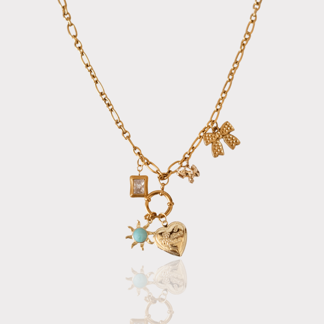 PRE-MADE Sun & Heart Charm Necklace – Gold & Turquoise Accents