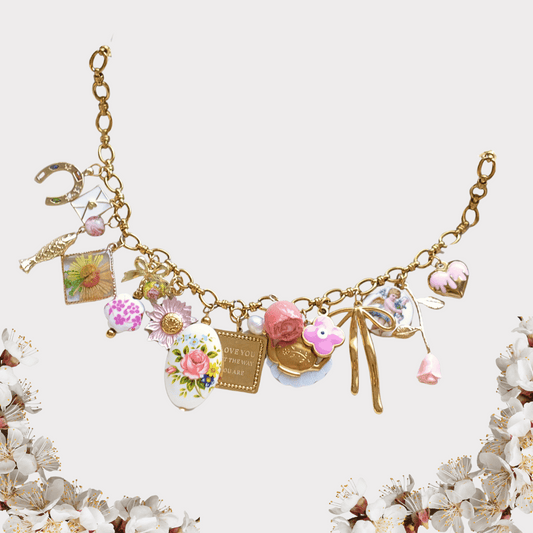 Vintage Charm Necklace - Gold Chain with Floral, Fish & Tea Accents