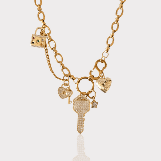 PRE-MADE Golden Key & Lock Charm Necklace – Vintage Romance Pendant