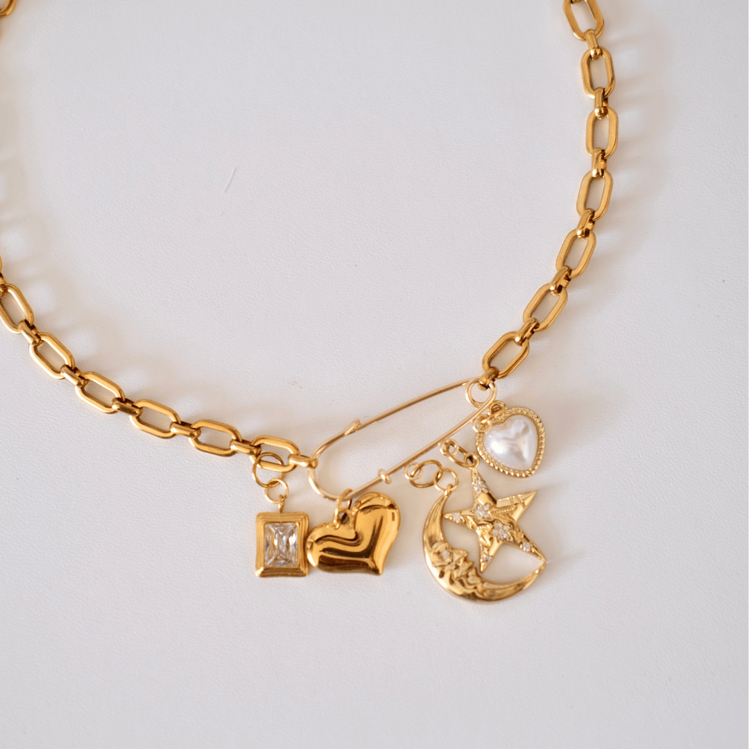 PRE-MADE Lunar Love Charm Necklace – Gold Crescent & Heart Details