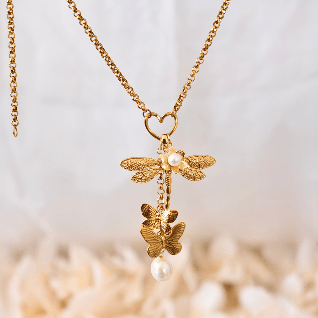 PRE-MADE dragonfly and butterfly pearl Necklace