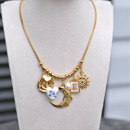 Personalized Gold Moon and Blue heart china vintage Necklace-customization