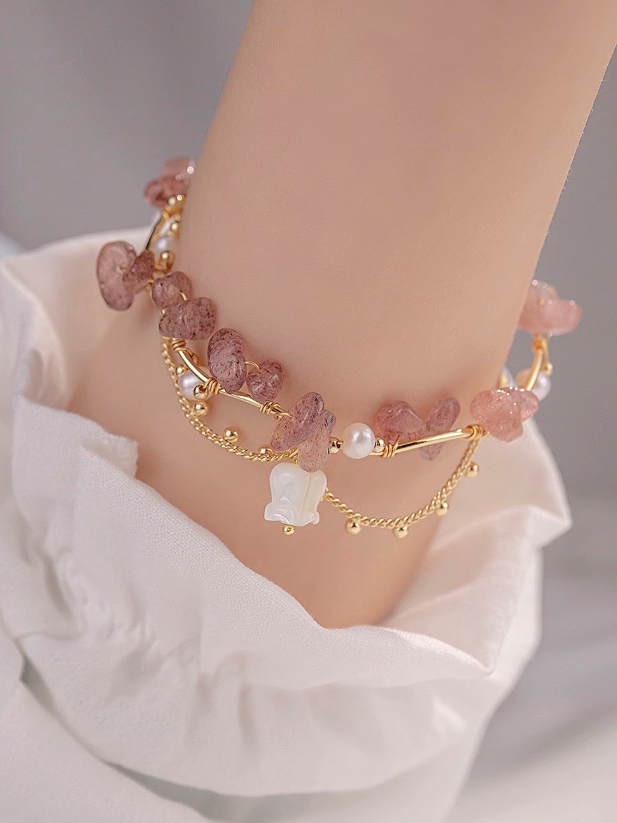 lily of the valley girl bracelet handmade Mixed pearl, Strawberry Crystal beads  Bracelet jewelry