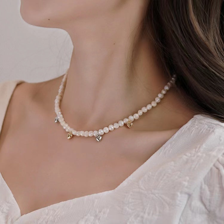 pequeño corazón de oro y corazón de plata con perlas collar joyería moda mujer