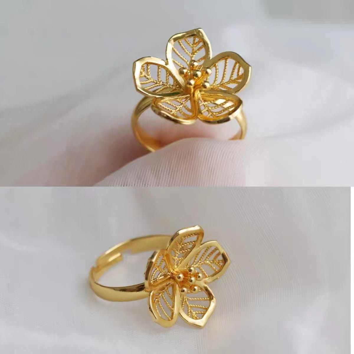 anillo de flores con baño de oro de cobre de 24k