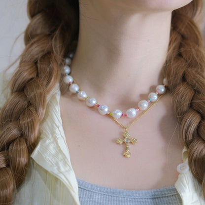 colorful baroque pearls necklace 10-11mm with Cross Necklace fashion woman jewelry