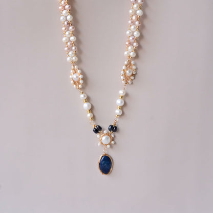 wired pearls necklace unique design with blue stone