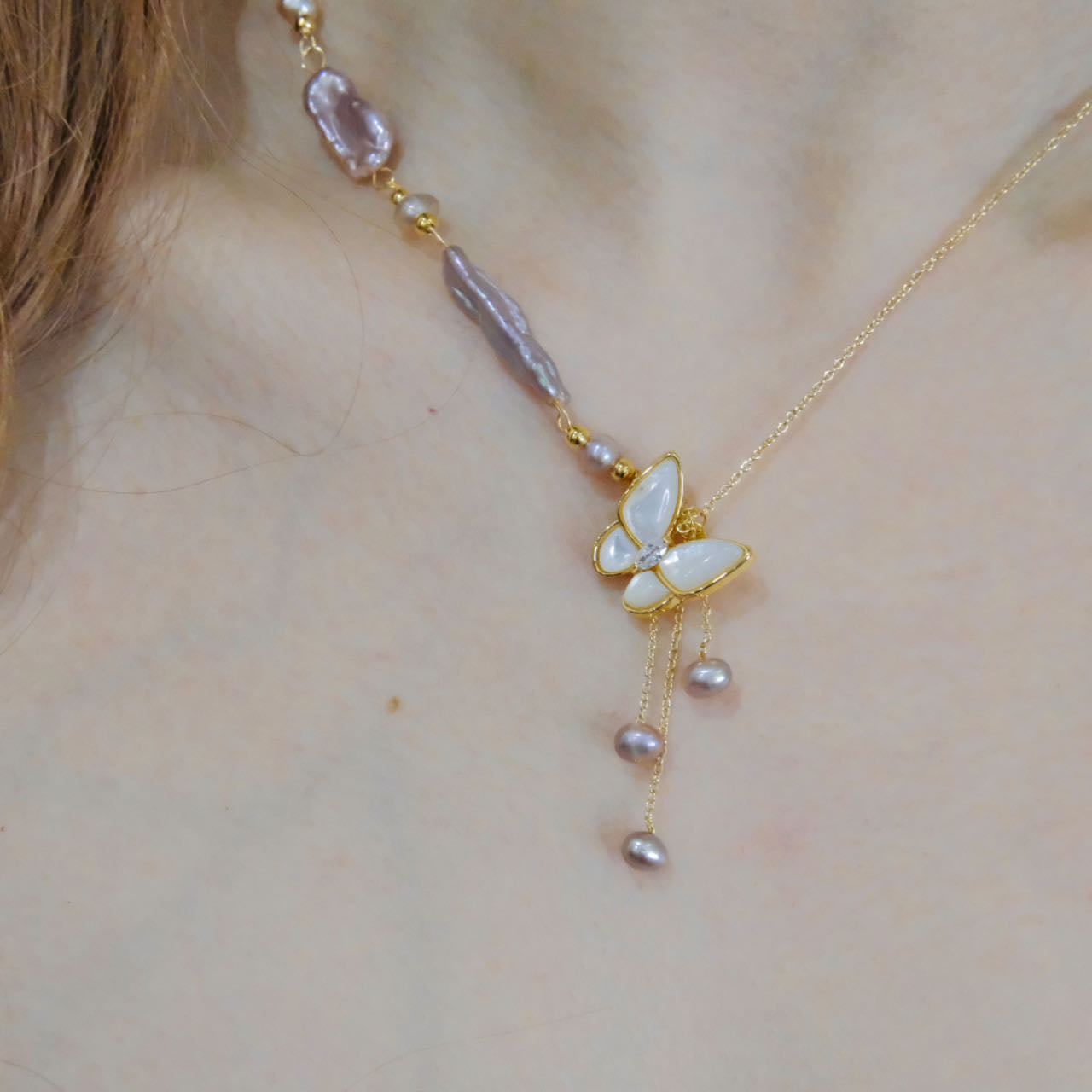 Baroque Pearl Necklace with Butterfly Motif