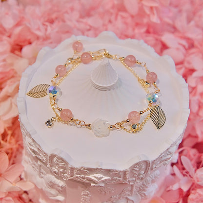 Pulsera de rosa blanca hecha a mano Cuentas de jade Cuentas de cristal de fresa Cuentas de cristal austriaco Pulsera Moda mujer joyería cuentas dailyjewelryannie