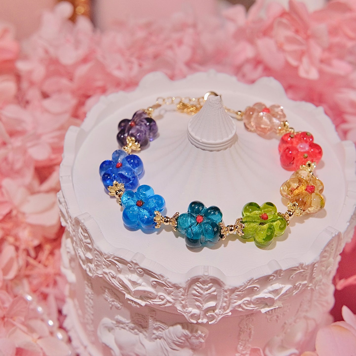 Pulsera de flores de bola de lluvia, joyería de moda para mujer, pulsera hecha a mano con cuentas