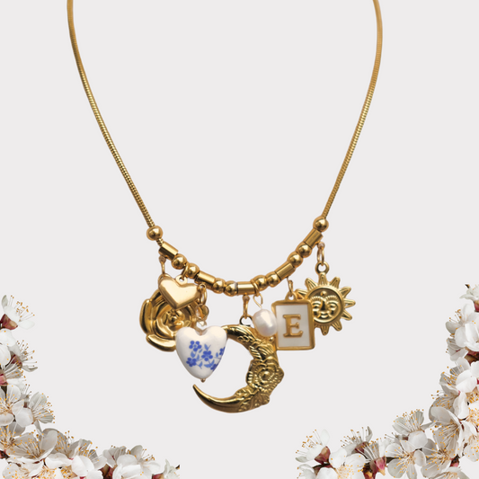 Personalized Gold Moon and Blue heart china vintage Necklace-customization