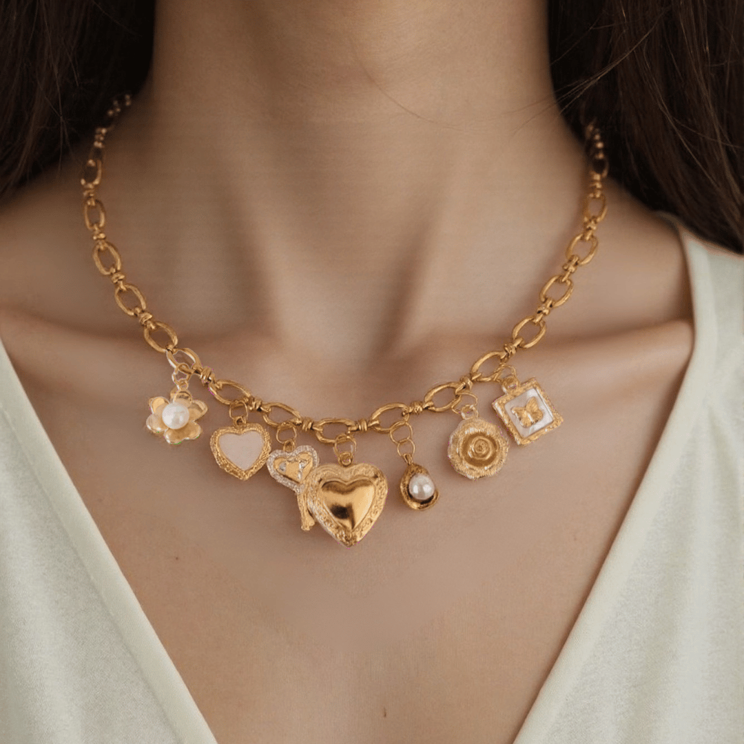 PRE-MADE Eternal Love Charm Necklace – Gold Heart & Rose Symbols