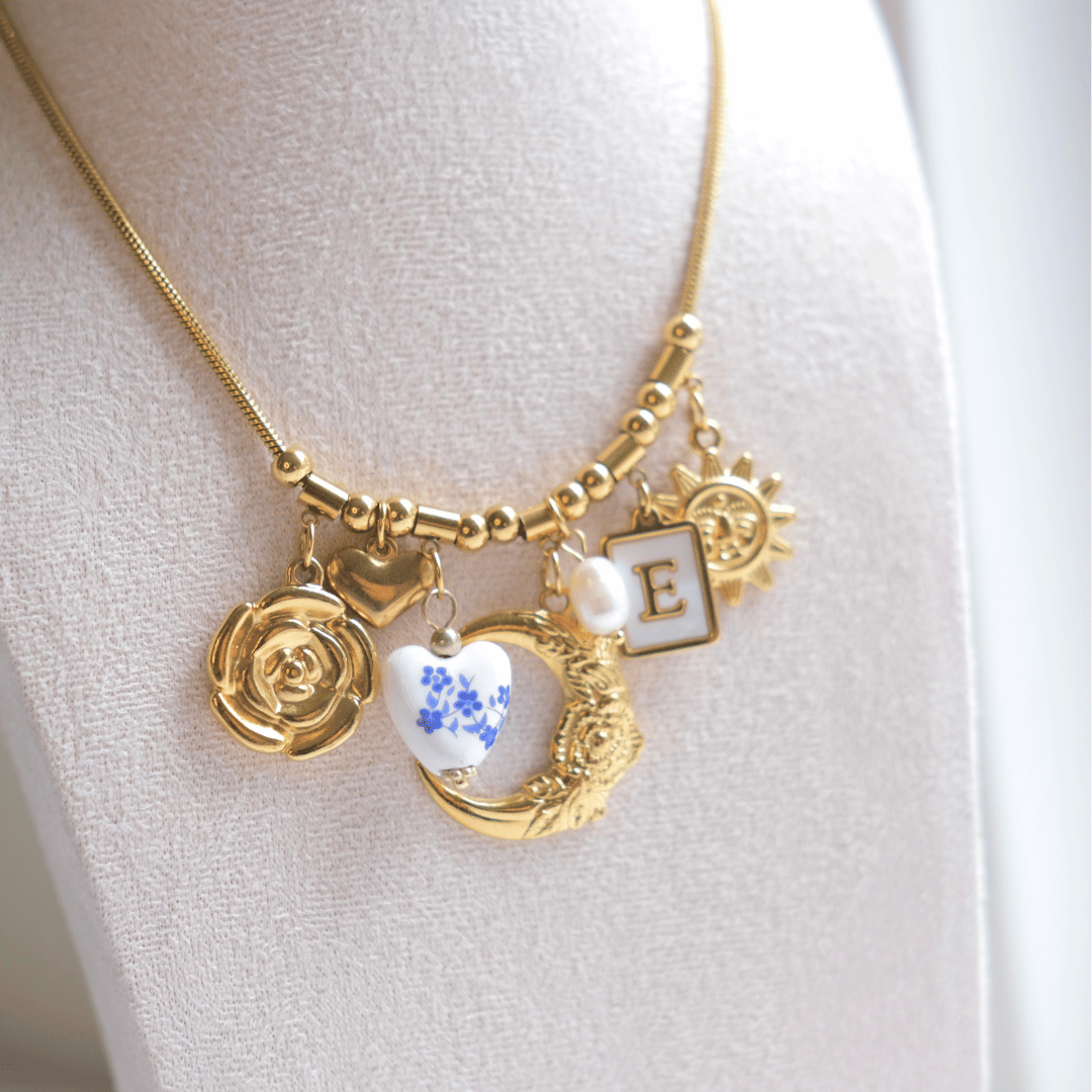 Personalized Gold Moon and Blue heart china vintage Necklace-customization