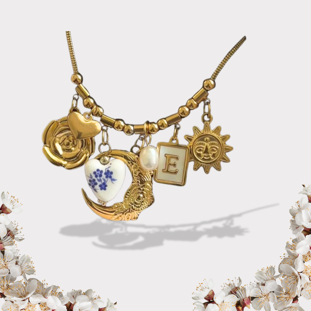 Personalized Gold Moon and Blue heart china vintage Necklace-customization