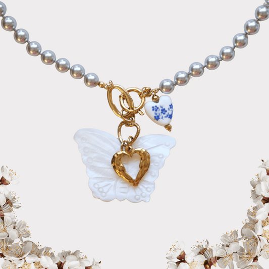 Butterfly Pearl Necklace with Heart Charm - Elegant White & Gold Pendant