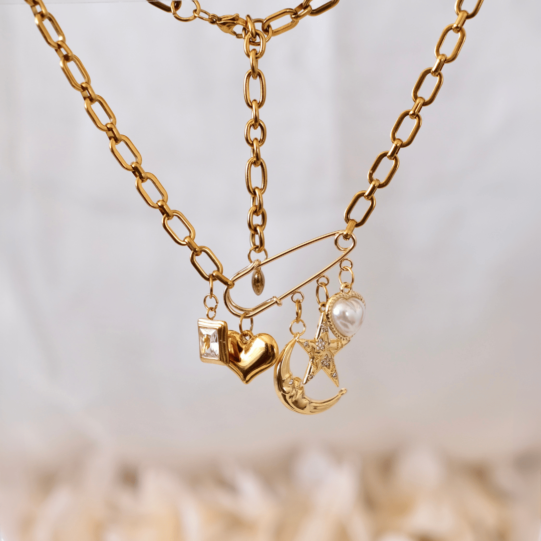 PRE-MADE Lunar Love Charm Necklace – Gold Crescent & Heart Details