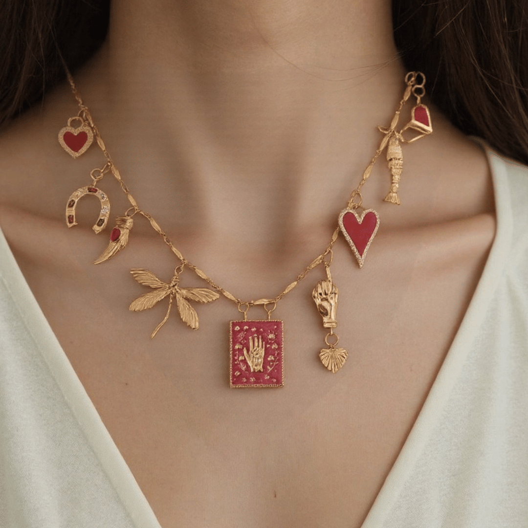 PRE-MADE Handmade Talisman Necklace – Gold & Red Lucky Charms