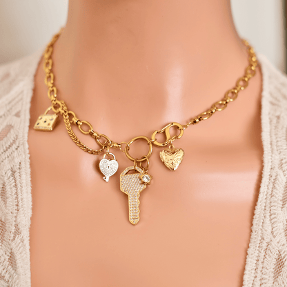 PRE-MADE Golden Key & Lock Charm Necklace – Vintage Romance Pendant