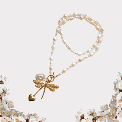 Pearl with dragon fly Charm long pearl Necklace