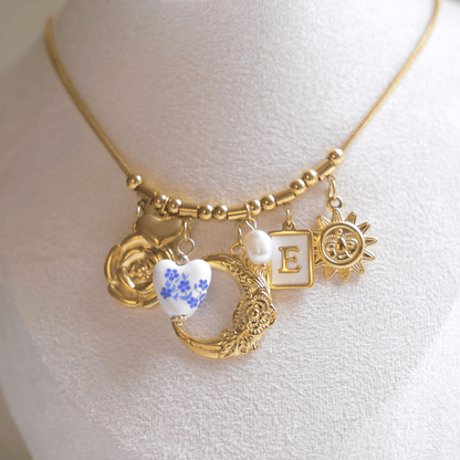 Personalized Gold Moon and Blue heart china vintage Necklace-customization