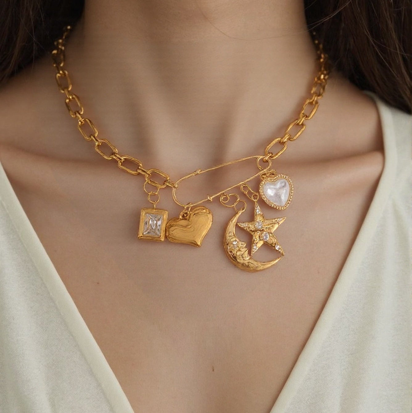 PRE-MADE Lunar Love Charm Necklace – Gold Crescent & Heart Details