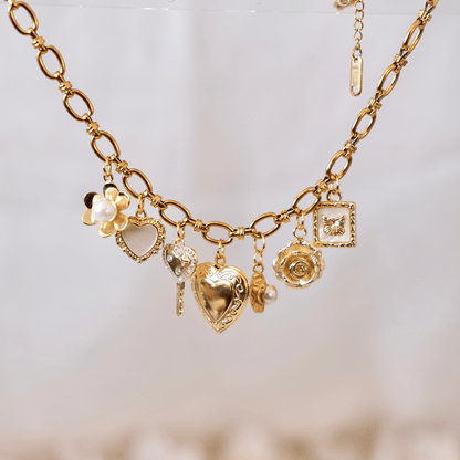 PRE-MADE Eternal Love Charm Necklace – Gold Heart & Rose Symbols