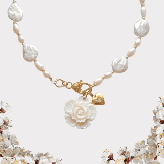 Baroque Pearl Rose Pendant Necklace - Elegant White Flower & Gold Heart Charm