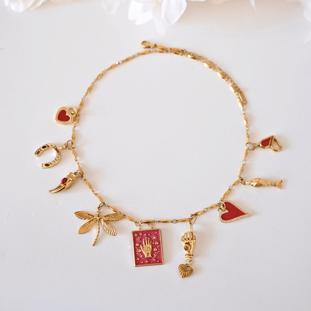 PRE-MADE Handmade Talisman Necklace – Gold & Red Lucky Charms