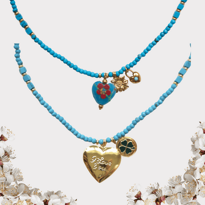 BLUE beads with heart pendant necklace-customization