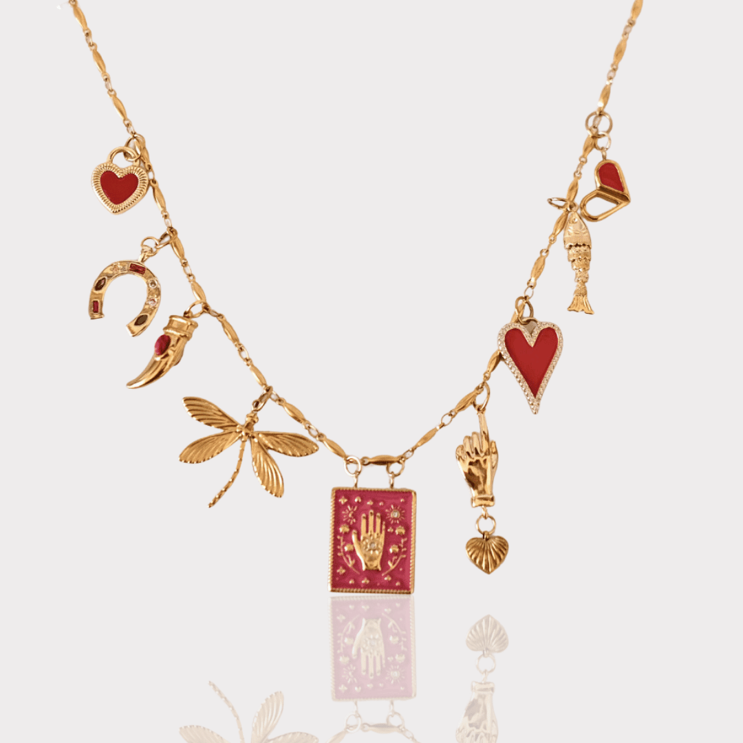 PRE-MADE Handmade Talisman Necklace – Gold & Red Lucky Charms