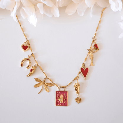 PRE-MADE Handmade Talisman Necklace – Gold & Red Lucky Charms