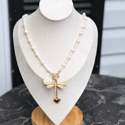 Pearl with dragon fly Charm long pearl Necklace