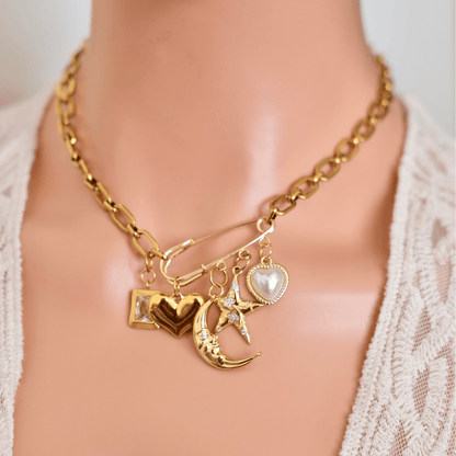 PRE-MADE Lunar Love Charm Necklace – Gold Crescent & Heart Details