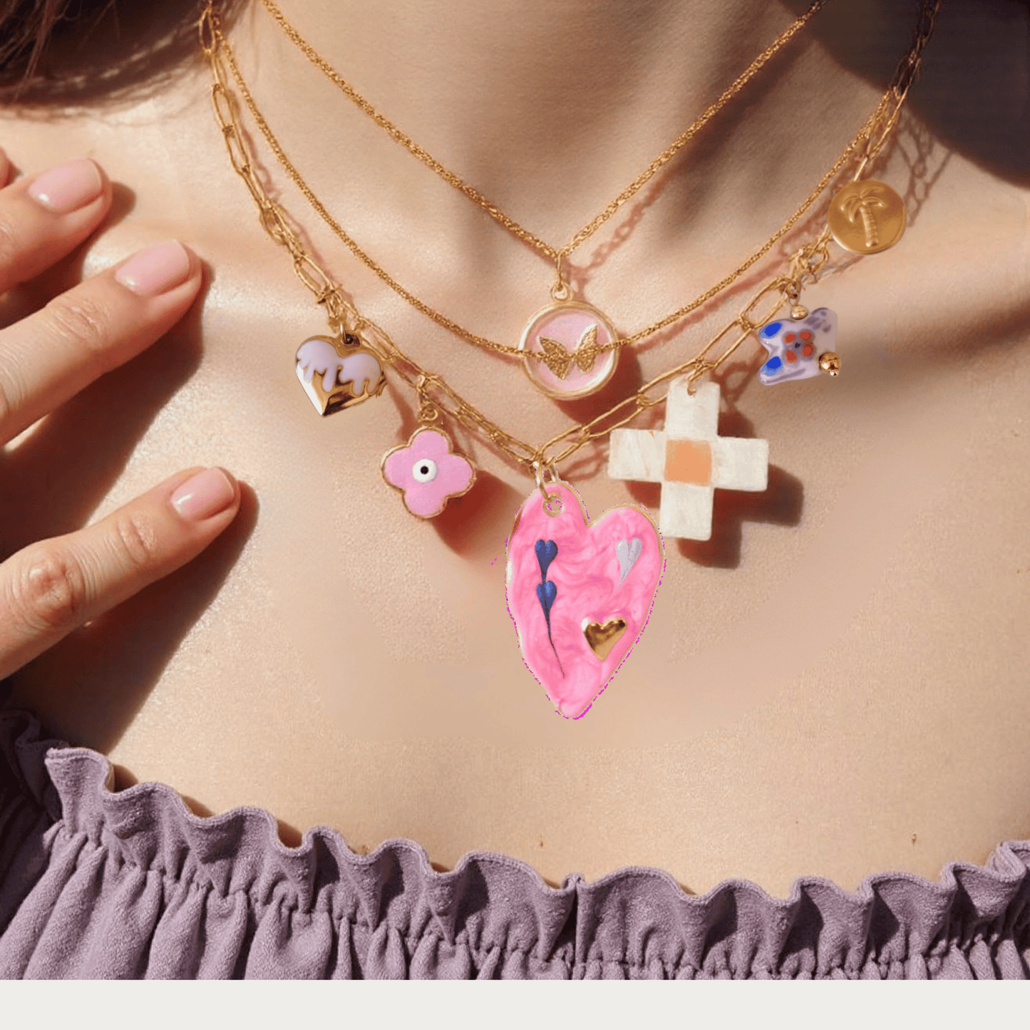 PRE-MADE PINK HEART THREE layer charms necklace