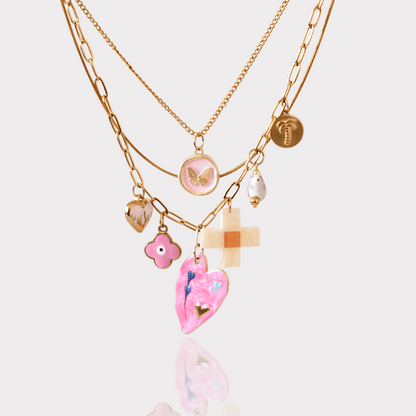 PRE-MADE PINK HEART THREE layer charms necklace