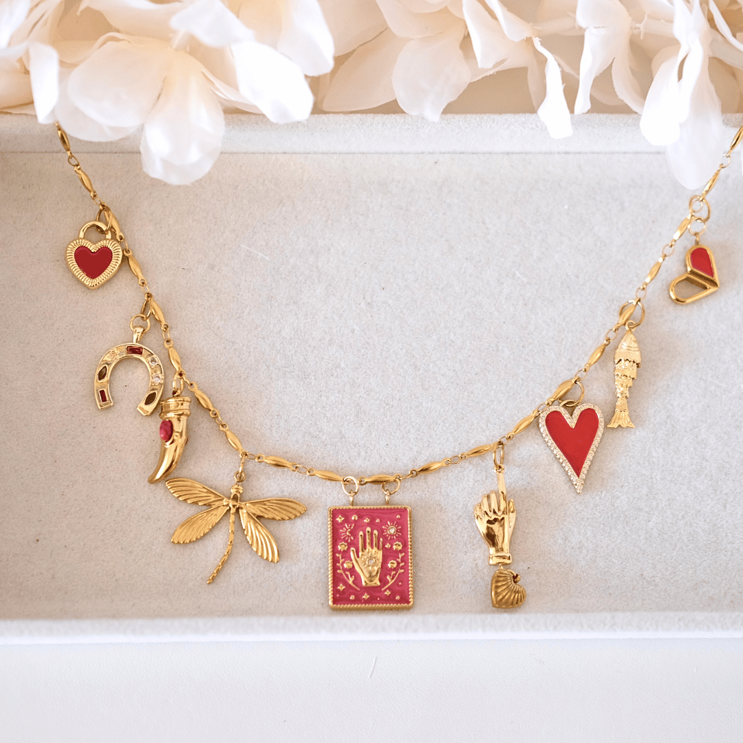 PRE-MADE Handmade Talisman Necklace – Gold & Red Lucky Charms