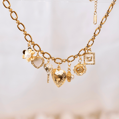 PRE-MADE Eternal Love Charm Necklace – Gold Heart & Rose Symbols