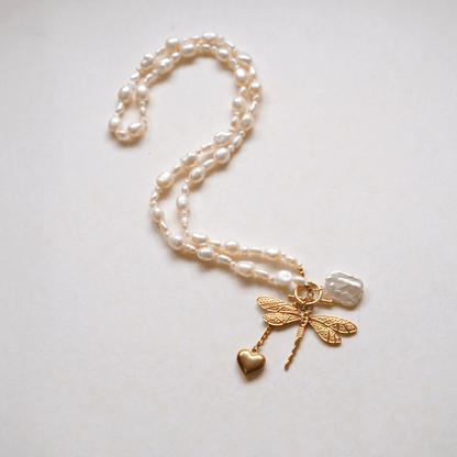 Pearl with dragon fly Charm long pearl Necklace