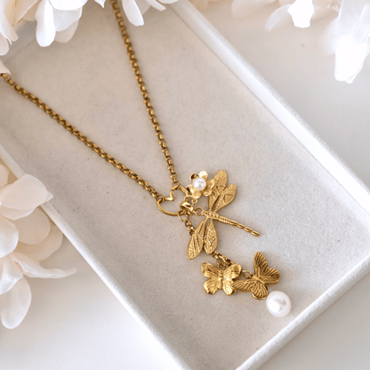 PRE-MADE dragonfly and butterfly pearl Necklace