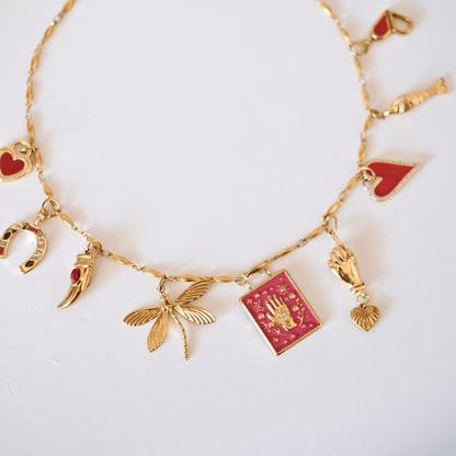 PRE-MADE Handmade Talisman Necklace – Gold & Red Lucky Charms