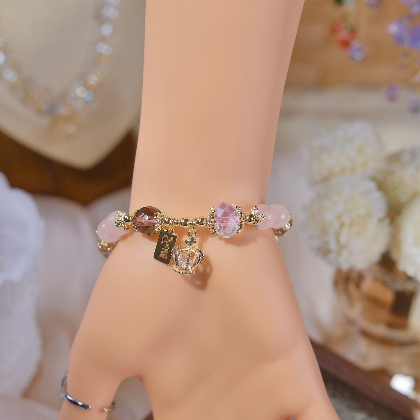 Madagascar pink cystal crown bracelet with pink cystal beads fashion jewelry