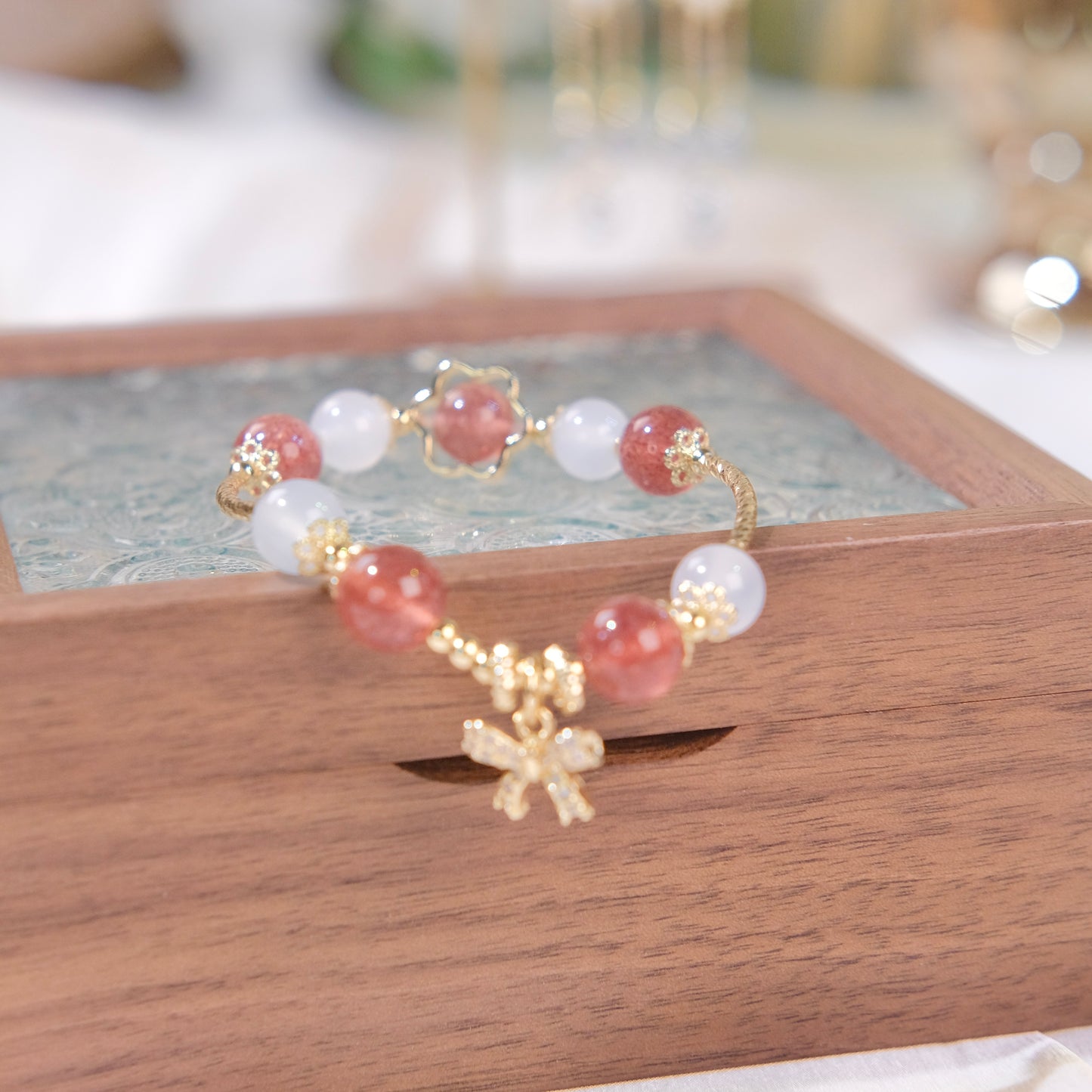 Cuentas de cristal de fresa con cuentas de ágata blanca pulsera joyería moda mujer