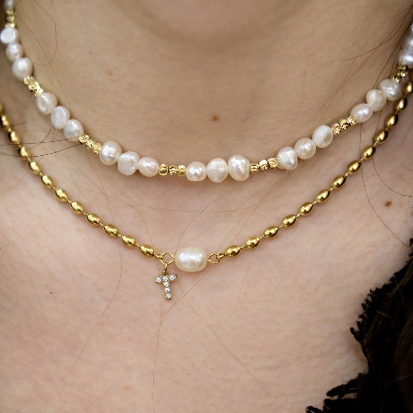 Single freshwater Pearl Chain with Personaized initial style necklace Choker