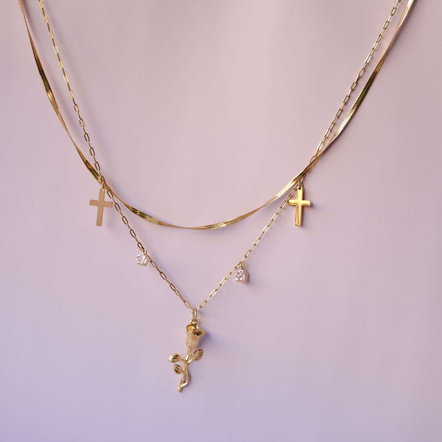 Personalized Two layer Chain with Cross and star Zircon